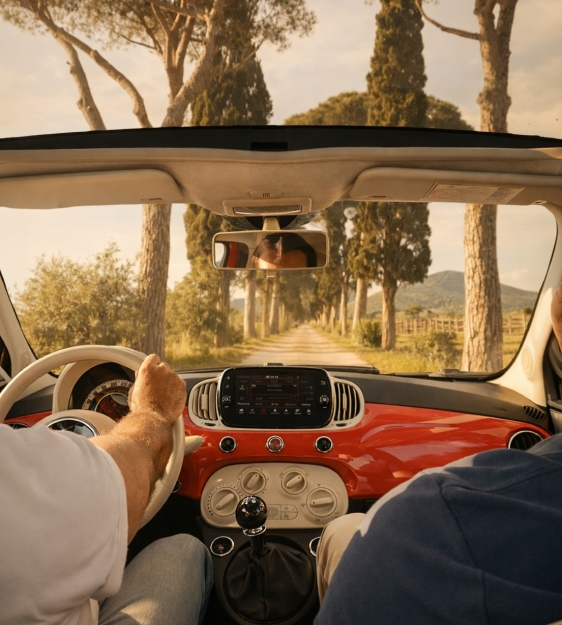 Gio and Patrick driving through Tuscany